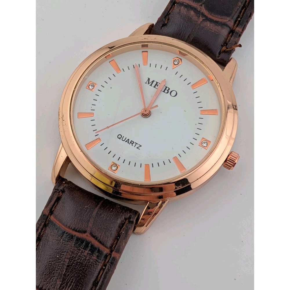 Meibo Watch Men 40mm Rose Gold Case Brown Faux Leather Band- New Battery